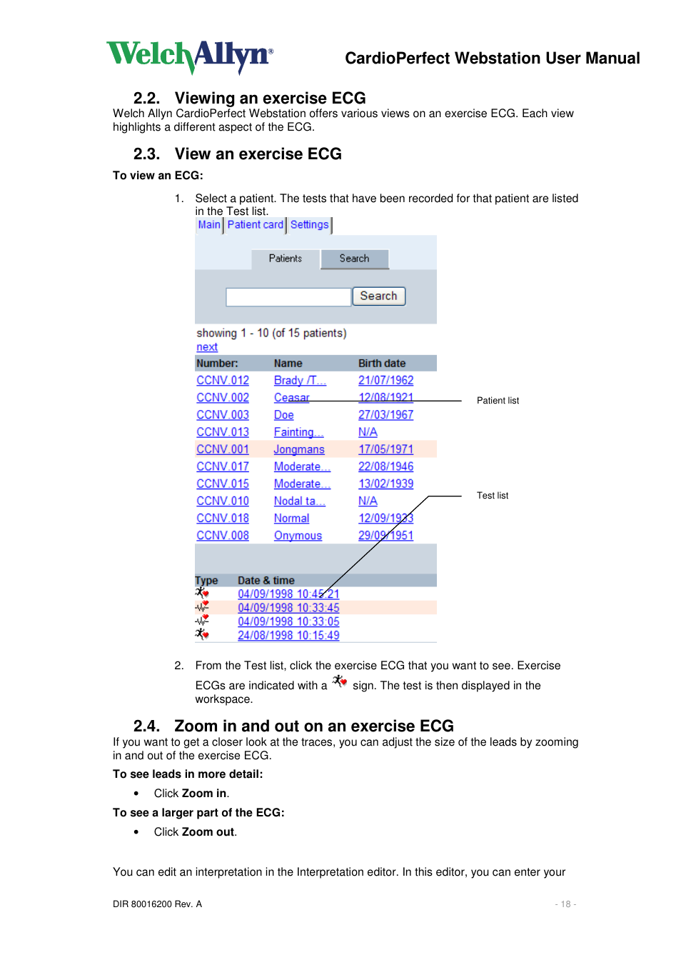 Cardioperfect webstation user manual, Viewing an exercise ecg, View an exercise ecg | Zoom in and out on an exercise ecg | Welch Allyn CardioPerfect Webstation 2.0 - User Manual User Manual | Page 18 / 24