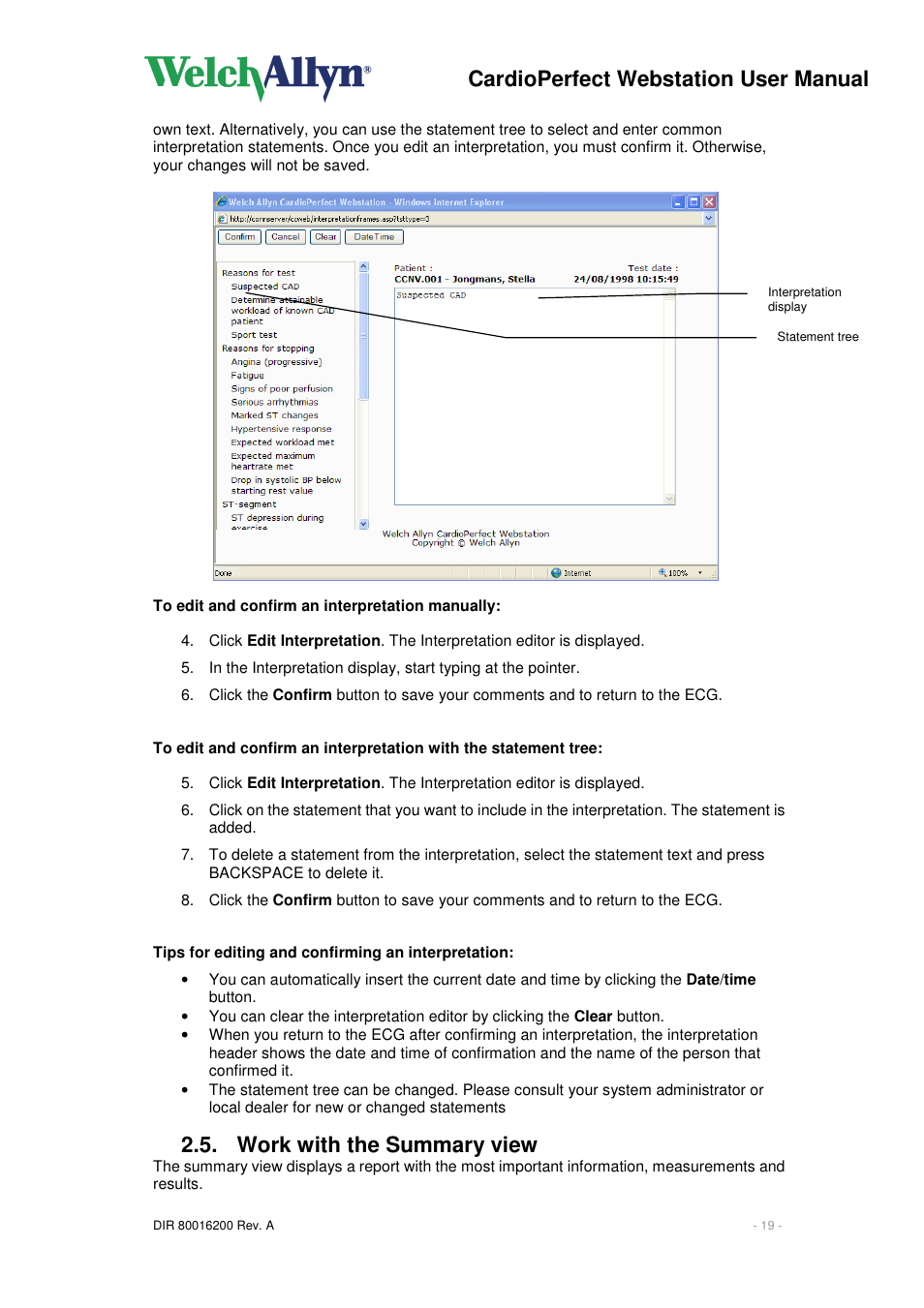 Cardioperfect webstation user manual, Work with the summary view | Welch Allyn CardioPerfect Webstation 2.0 - User Manual User Manual | Page 19 / 24