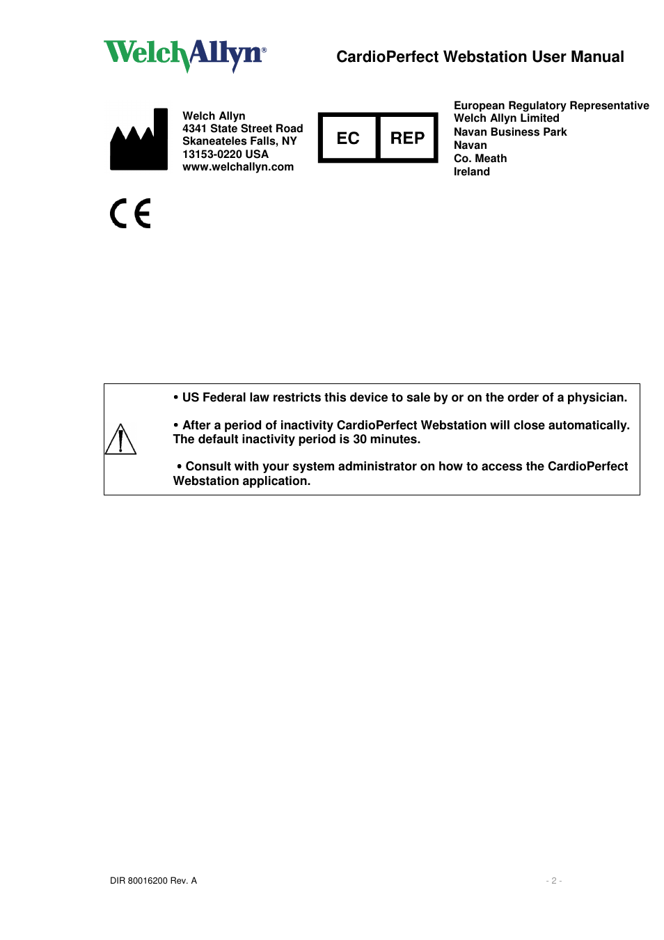 Cardioperfect webstation user manual | Welch Allyn CardioPerfect Webstation 2.0 - User Manual User Manual | Page 2 / 24