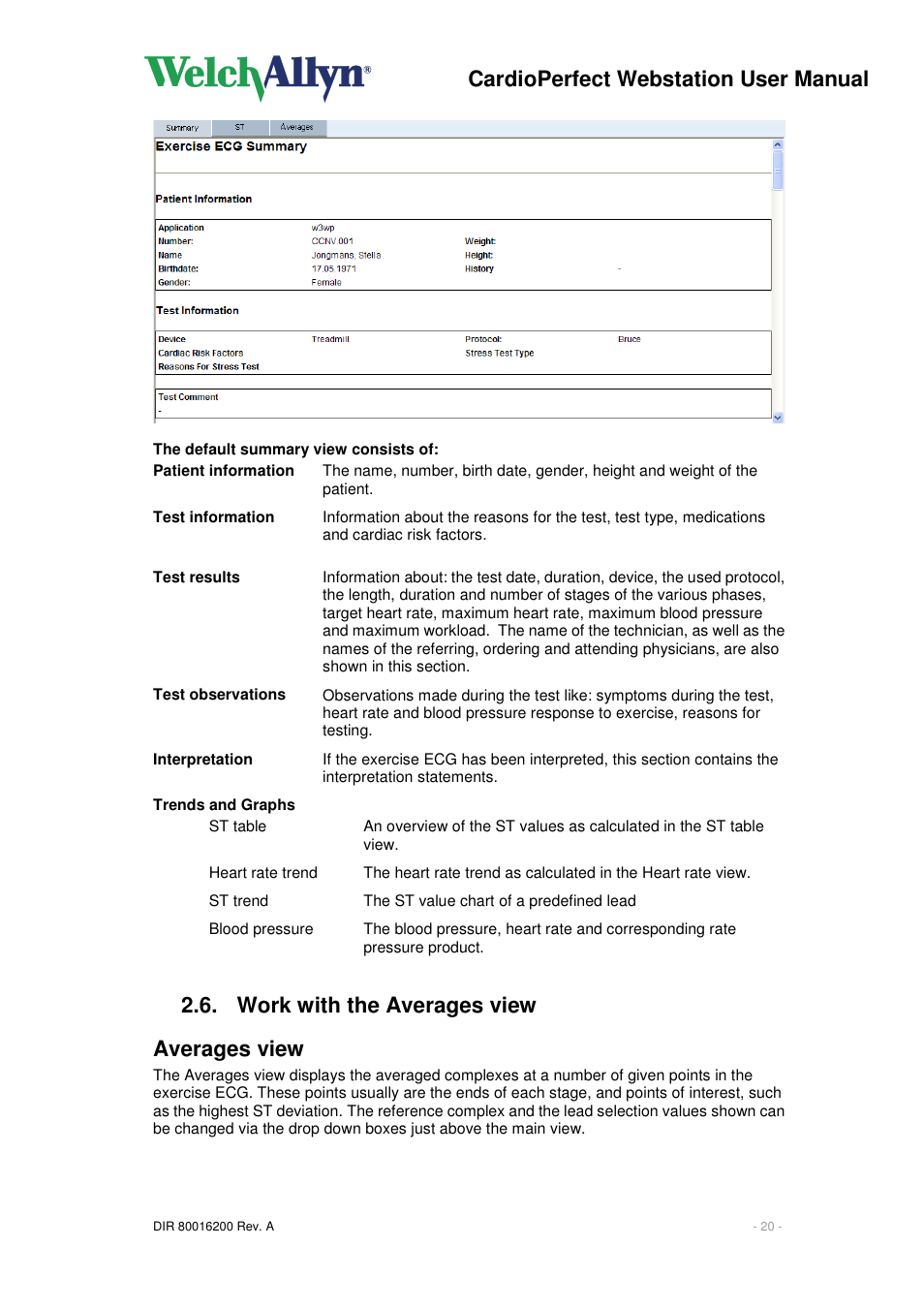 Cardioperfect webstation user manual, Work with the averages view averages view | Welch Allyn CardioPerfect Webstation 2.0 - User Manual User Manual | Page 20 / 24