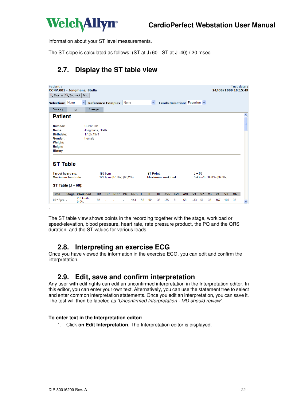 Cardioperfect webstation user manual, Display the st table view, Interpreting an exercise ecg | Edit, save and confirm interpretation | Welch Allyn CardioPerfect Webstation 2.0 - User Manual User Manual | Page 22 / 24