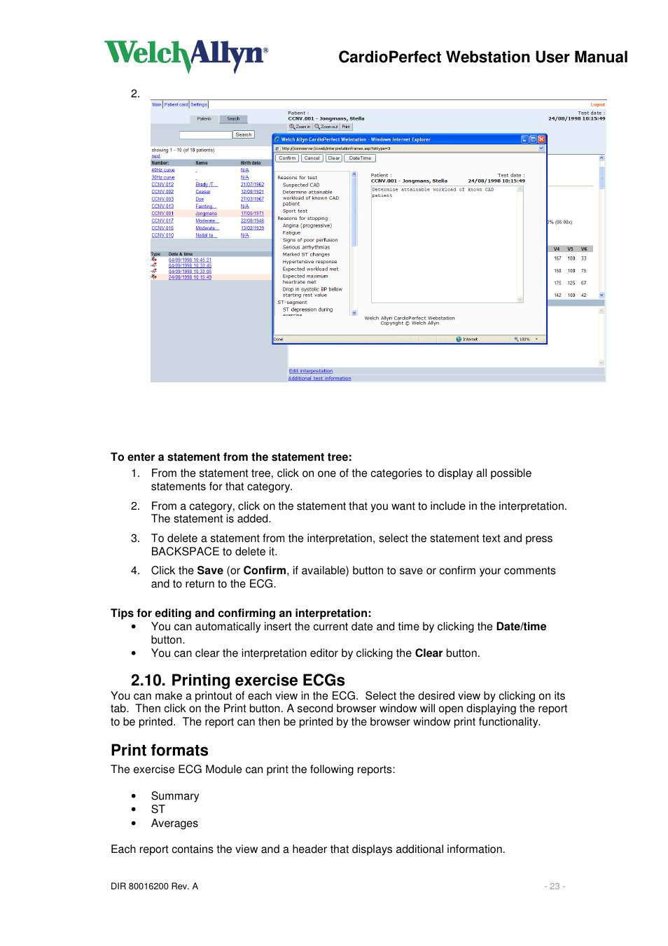 Cardioperfect webstation user manual, Printing exercise ecgs, Print formats | Welch Allyn CardioPerfect Webstation 2.0 - User Manual User Manual | Page 23 / 24