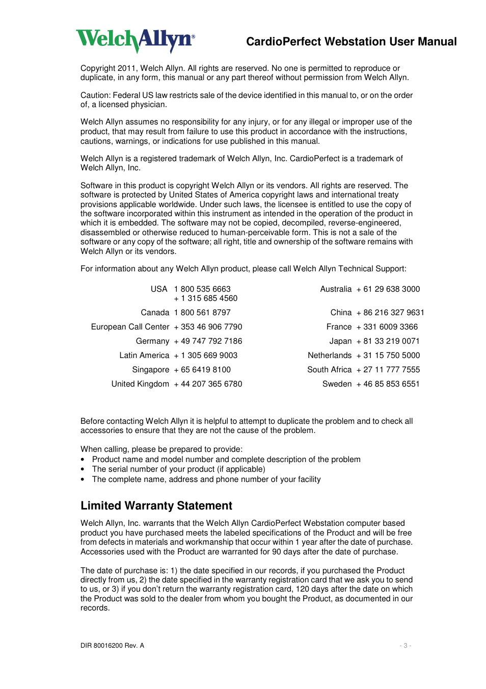 Cardioperfect webstation user manual, Limited warranty statement | Welch Allyn CardioPerfect Webstation 2.0 - User Manual User Manual | Page 3 / 24