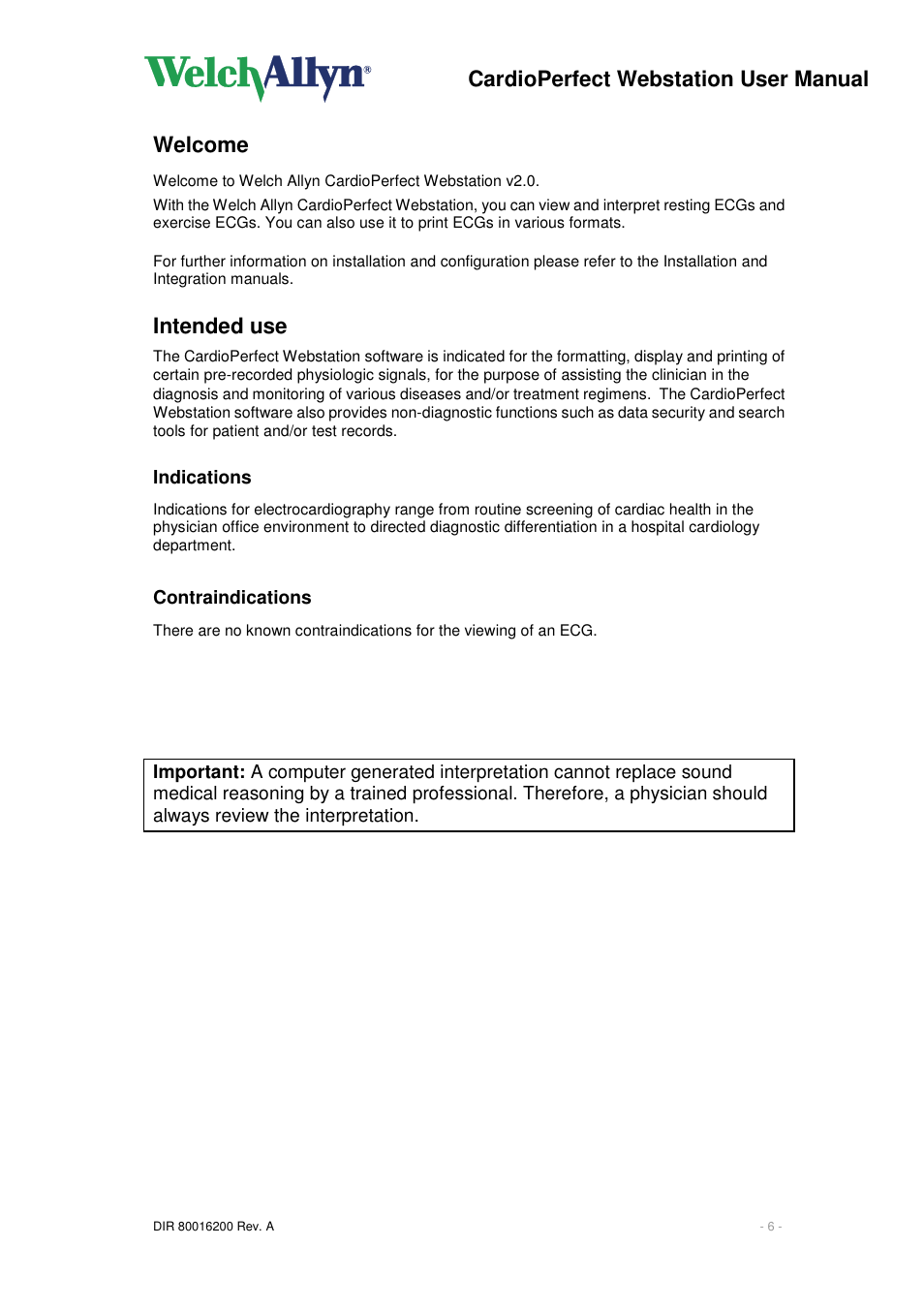 Cardioperfect webstation user manual, Welcome, Intended use | Welch Allyn CardioPerfect Webstation 2.0 - User Manual User Manual | Page 6 / 24