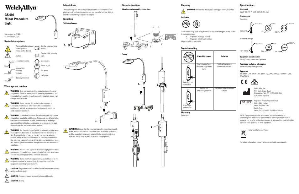 Welch Allyn GS 600 Minor Procedure Light - User Manual User Manual | 1 page