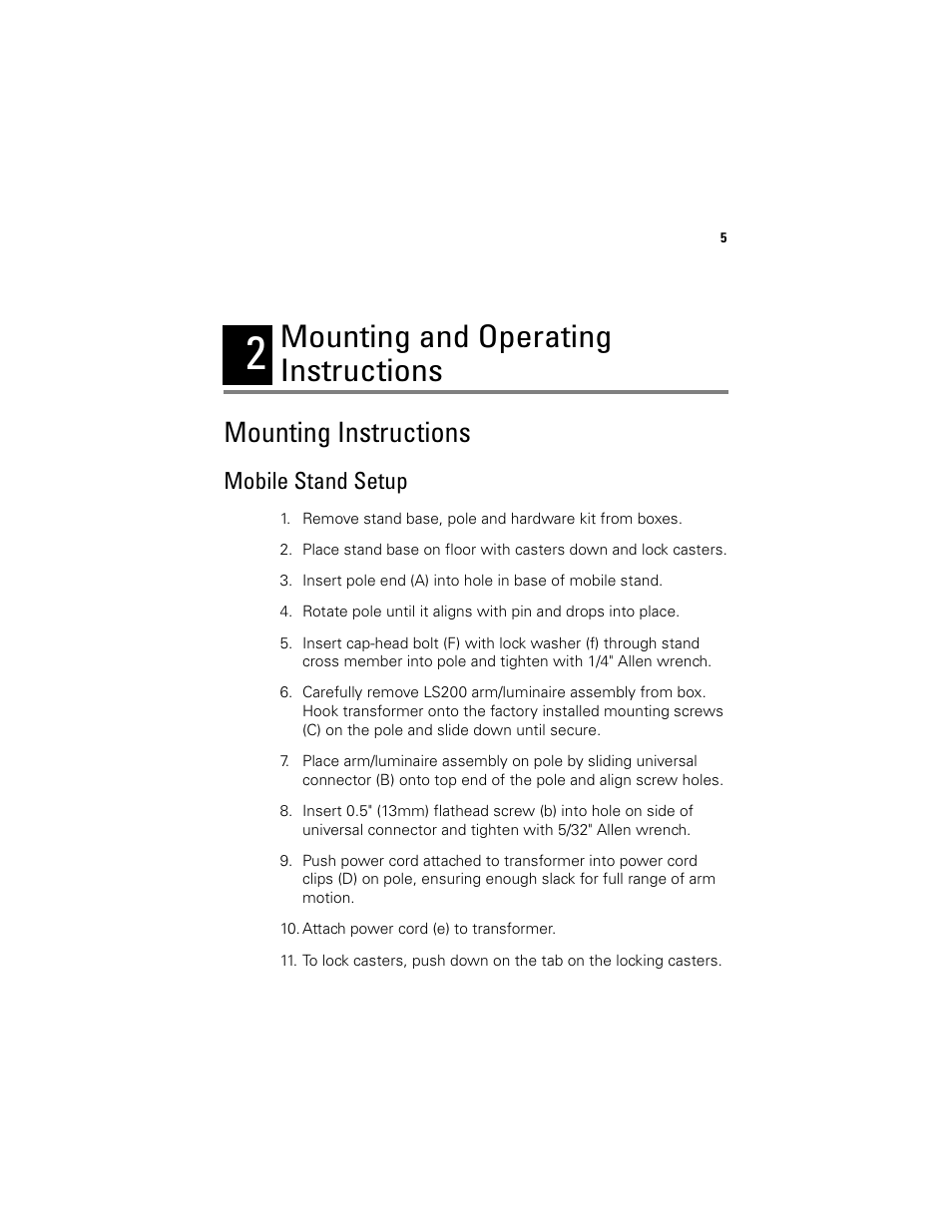 Mounting and operating instructions, Mounting instructions, Mobile stand setup | 2 - mounting and operating instructions | Welch Allyn LS200 Procedure Light - User Manual User Manual | Page 11 / 36