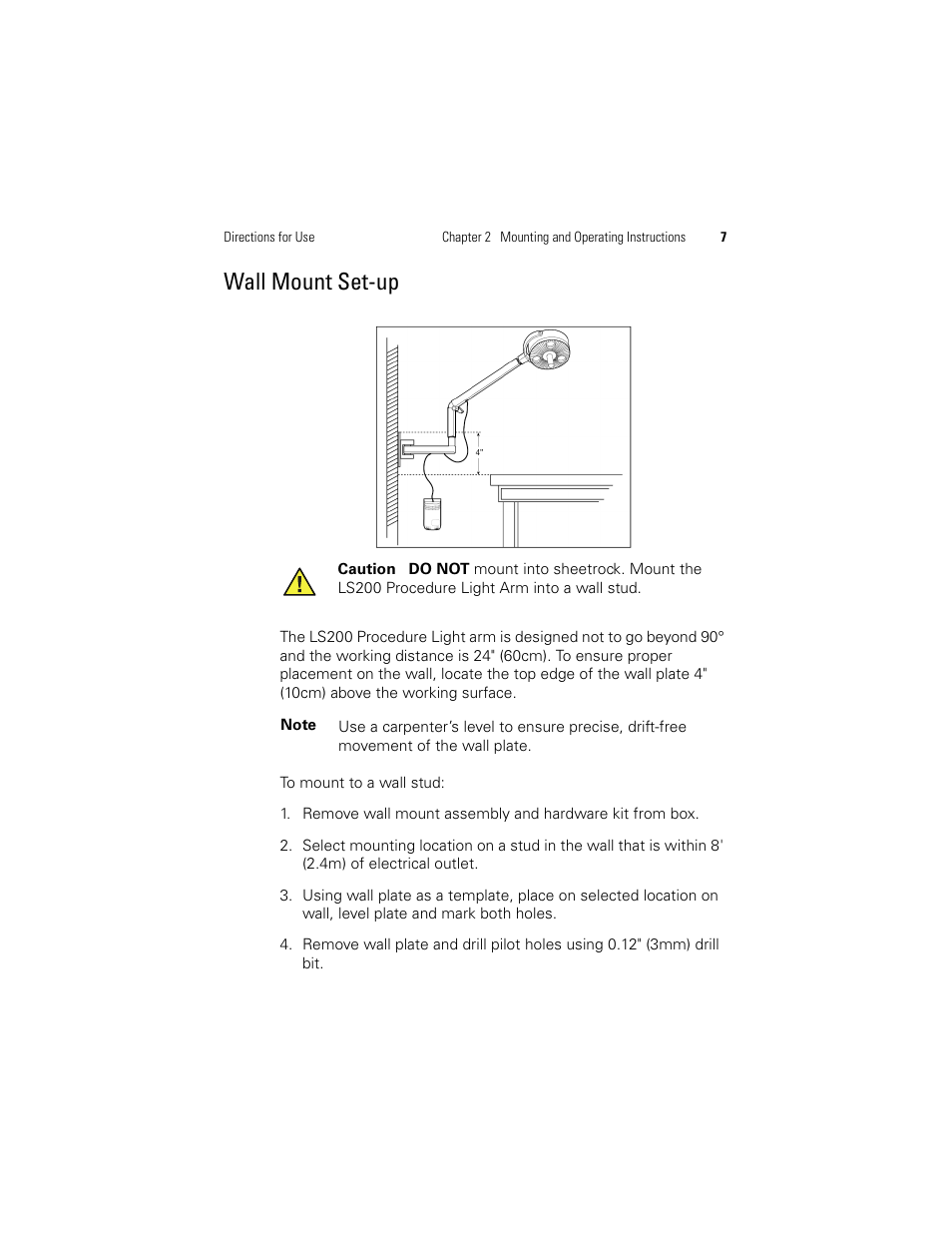 Wall mount set-up | Welch Allyn LS200 Procedure Light - User Manual User Manual | Page 13 / 36