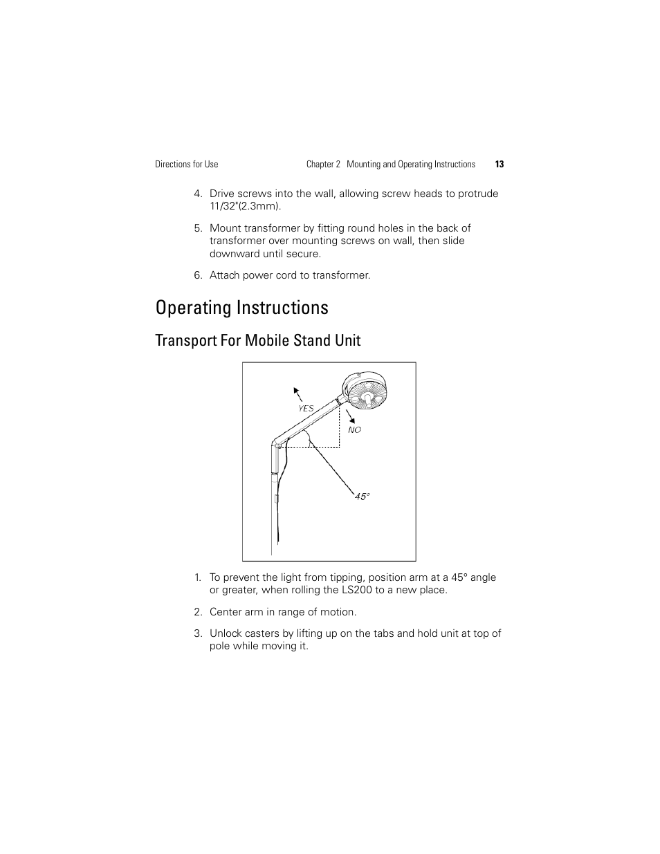 Operating instructions, Transport for mobile stand unit | Welch Allyn LS200 Procedure Light - User Manual User Manual | Page 19 / 36