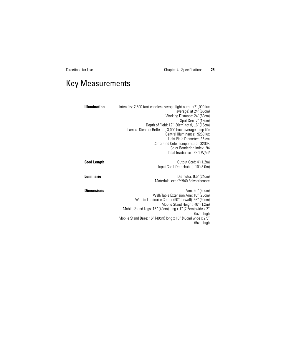 Key measurements | Welch Allyn LS200 Procedure Light - User Manual User Manual | Page 31 / 36