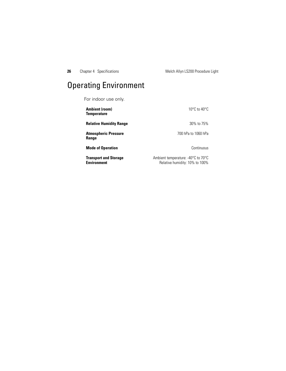 Operating environment | Welch Allyn LS200 Procedure Light - User Manual User Manual | Page 32 / 36