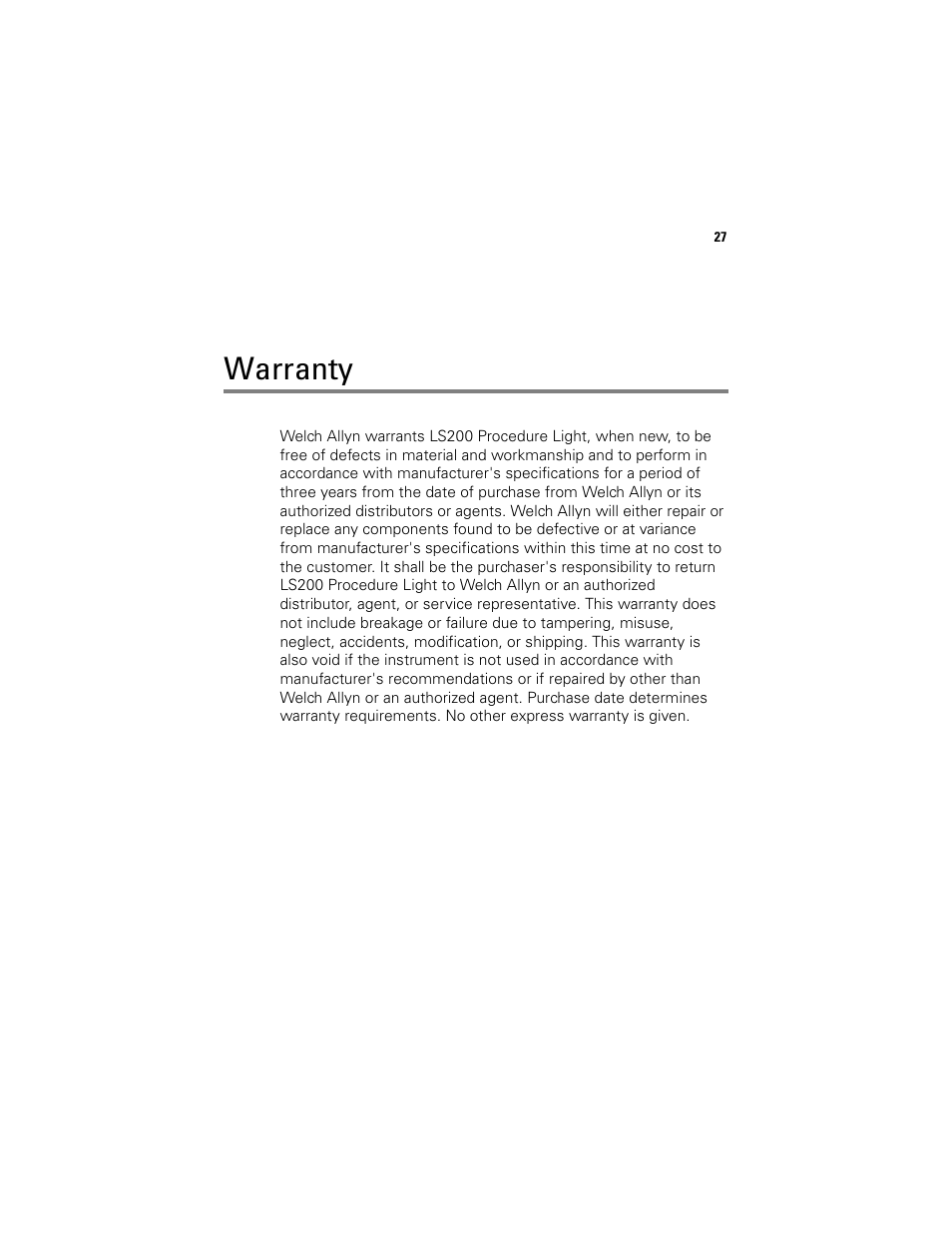 Warranty | Welch Allyn LS200 Procedure Light - User Manual User Manual | Page 33 / 36