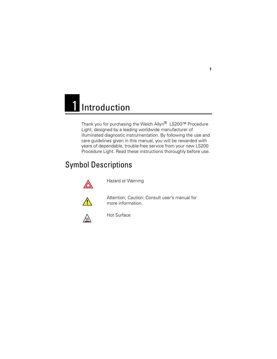 Introduction, Symbol descriptions, 1 - introduction | Welch Allyn LS200 Procedure Light - User Manual User Manual | Page 7 / 36