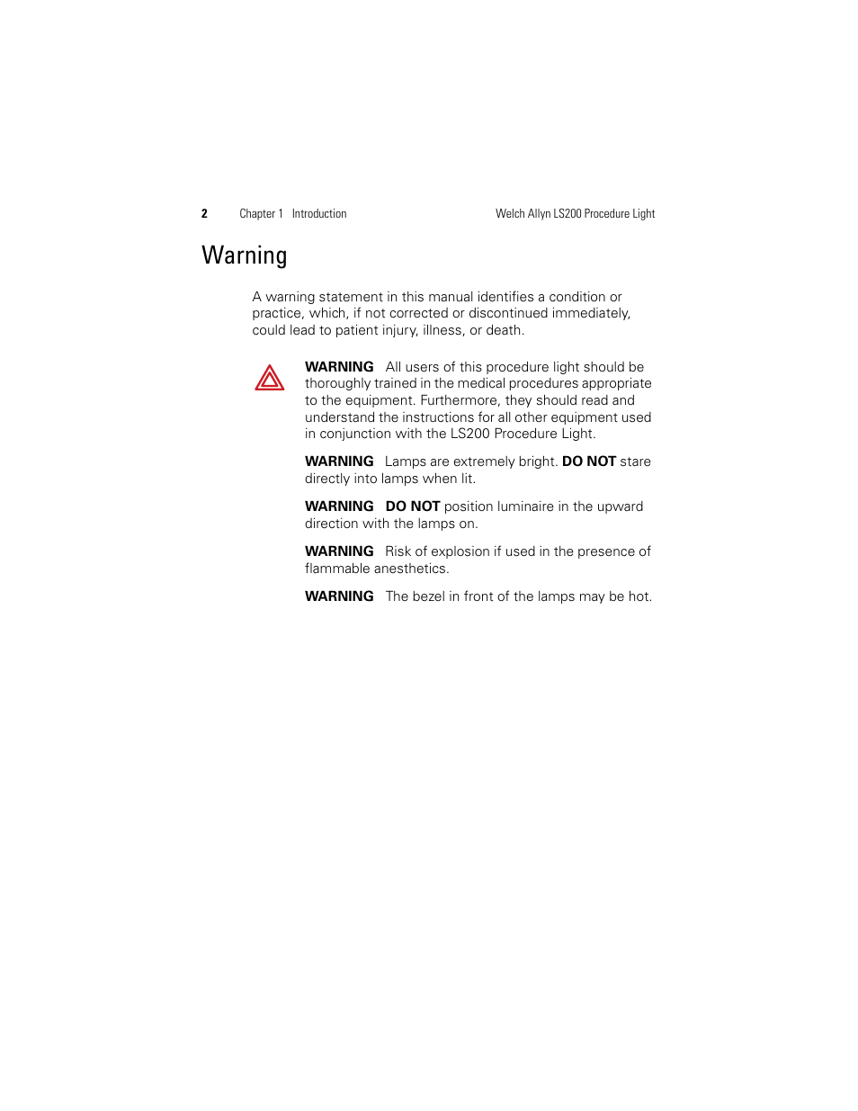 Warning | Welch Allyn LS200 Procedure Light - User Manual User Manual | Page 8 / 36