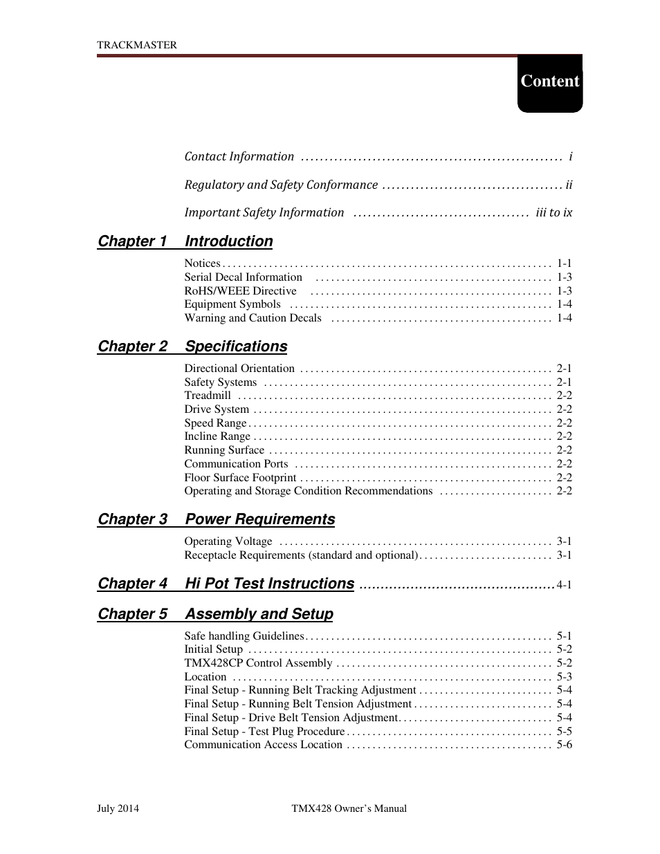 Content, Chapter 1 introduction, Chapter 2 specifications | Chapter 3 power requirements, Chapter 4 hi pot test instructions, Chapter 5 assembly and setup | Welch Allyn TMX428CP Trackmaster Medical Treadmill - User Manual User Manual | Page 11 / 64