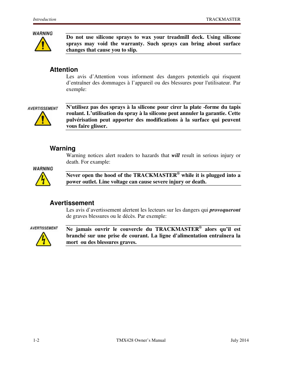 Attention, Warning, Avertissement | Welch Allyn TMX428CP Trackmaster Medical Treadmill - User Manual User Manual | Page 14 / 64