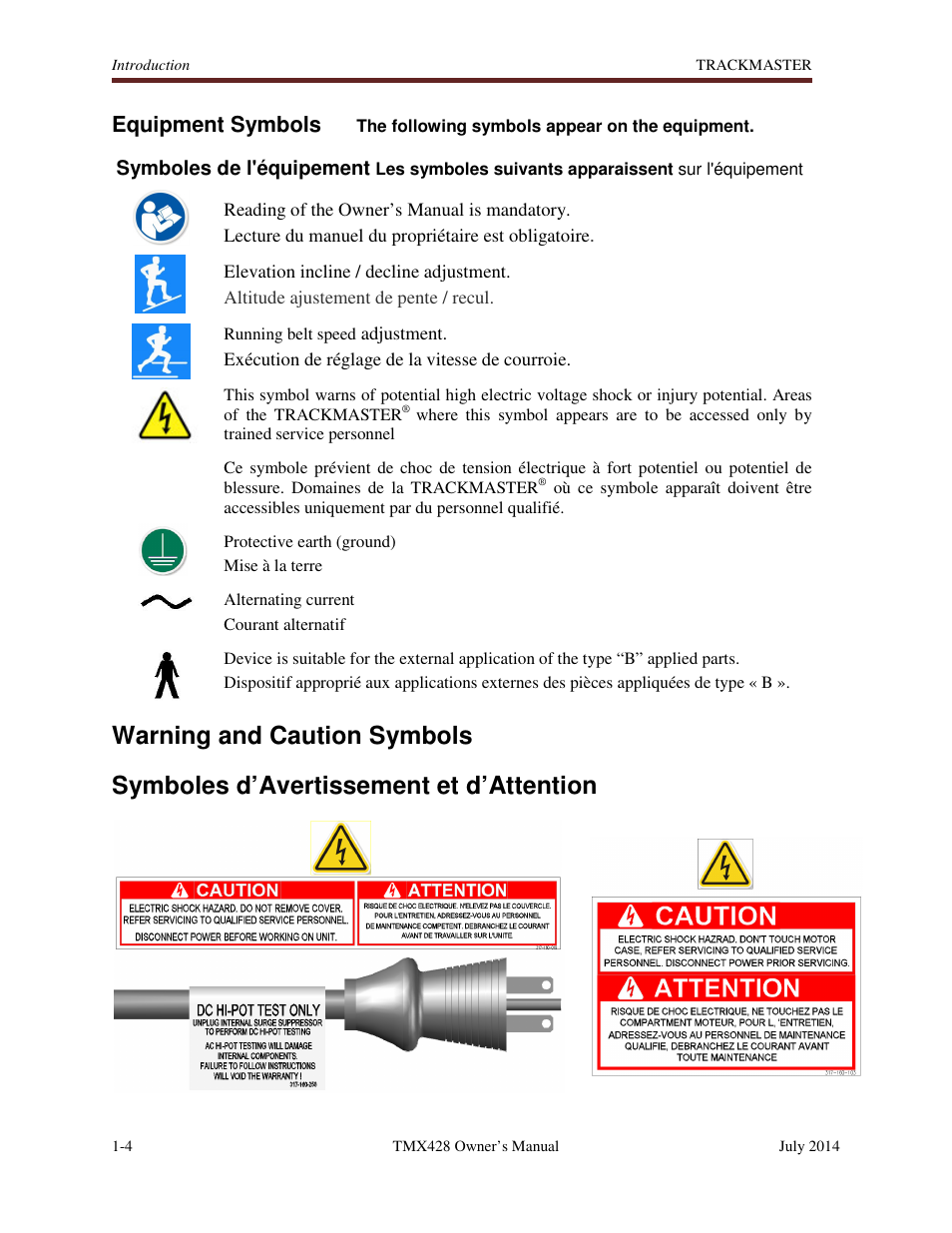 Warning and caution symbols, Symboles d’avertissement et d’attention, Equipment symbols | Symboles de l'équipement | Welch Allyn TMX428CP Trackmaster Medical Treadmill - User Manual User Manual | Page 16 / 64