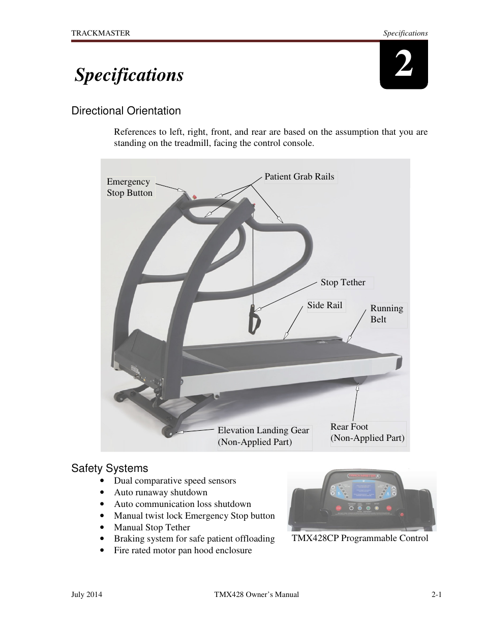 Specifications | Welch Allyn TMX428CP Trackmaster Medical Treadmill - User Manual User Manual | Page 17 / 64