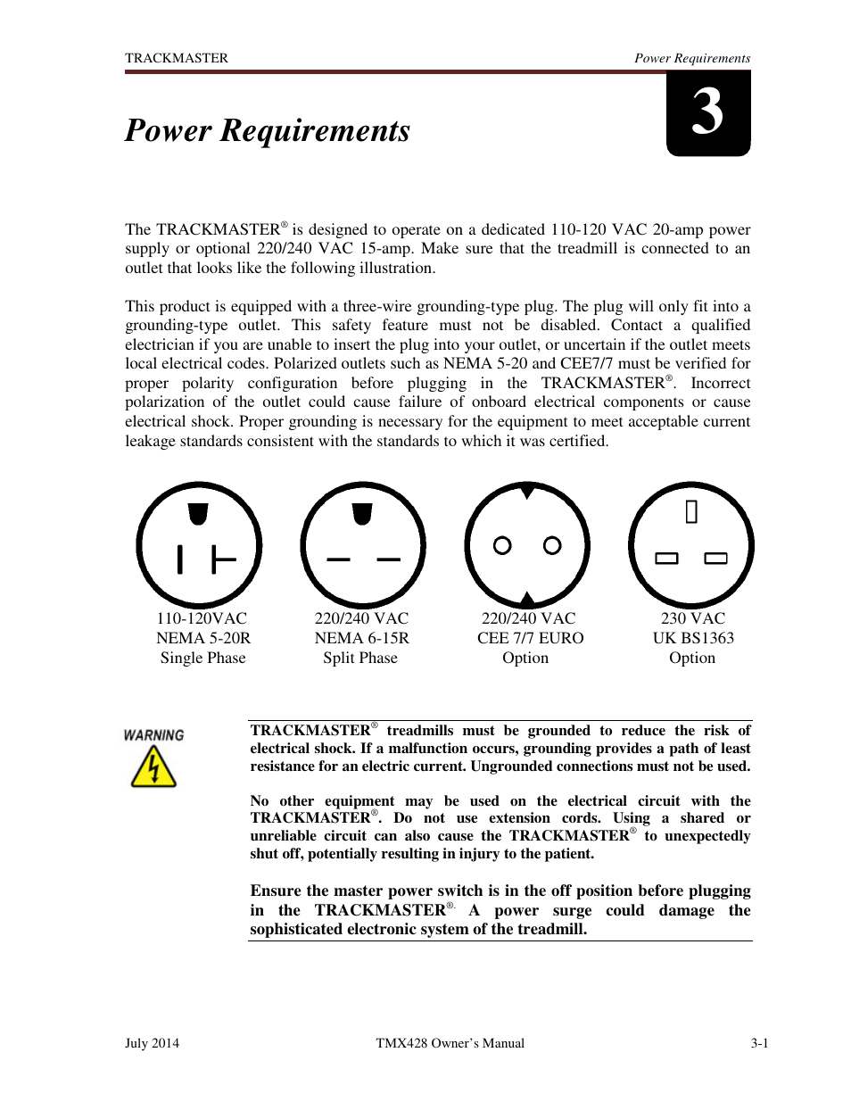 Power requirements | Welch Allyn TMX428CP Trackmaster Medical Treadmill - User Manual User Manual | Page 19 / 64