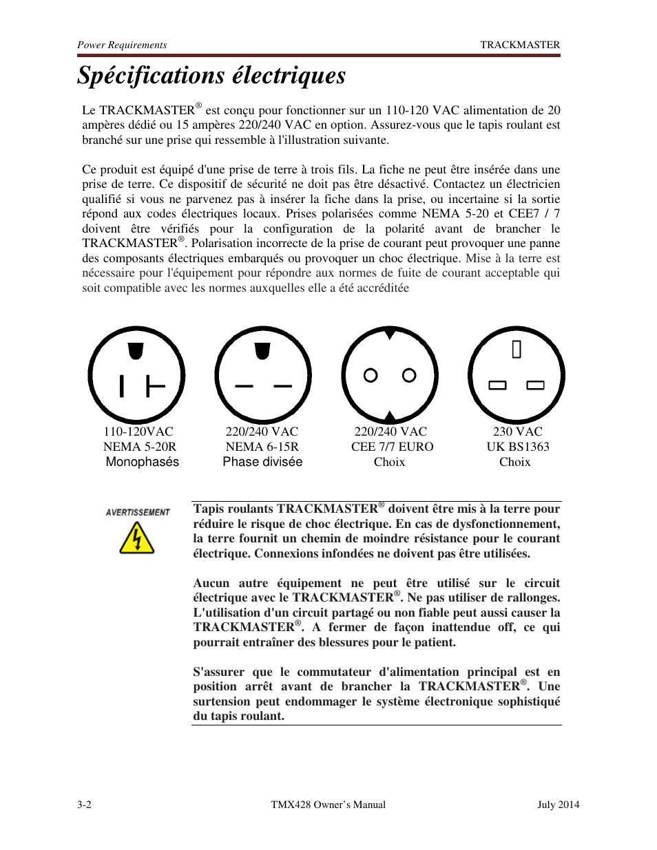 Spécifications électriques | Welch Allyn TMX428CP Trackmaster Medical Treadmill - User Manual User Manual | Page 20 / 64