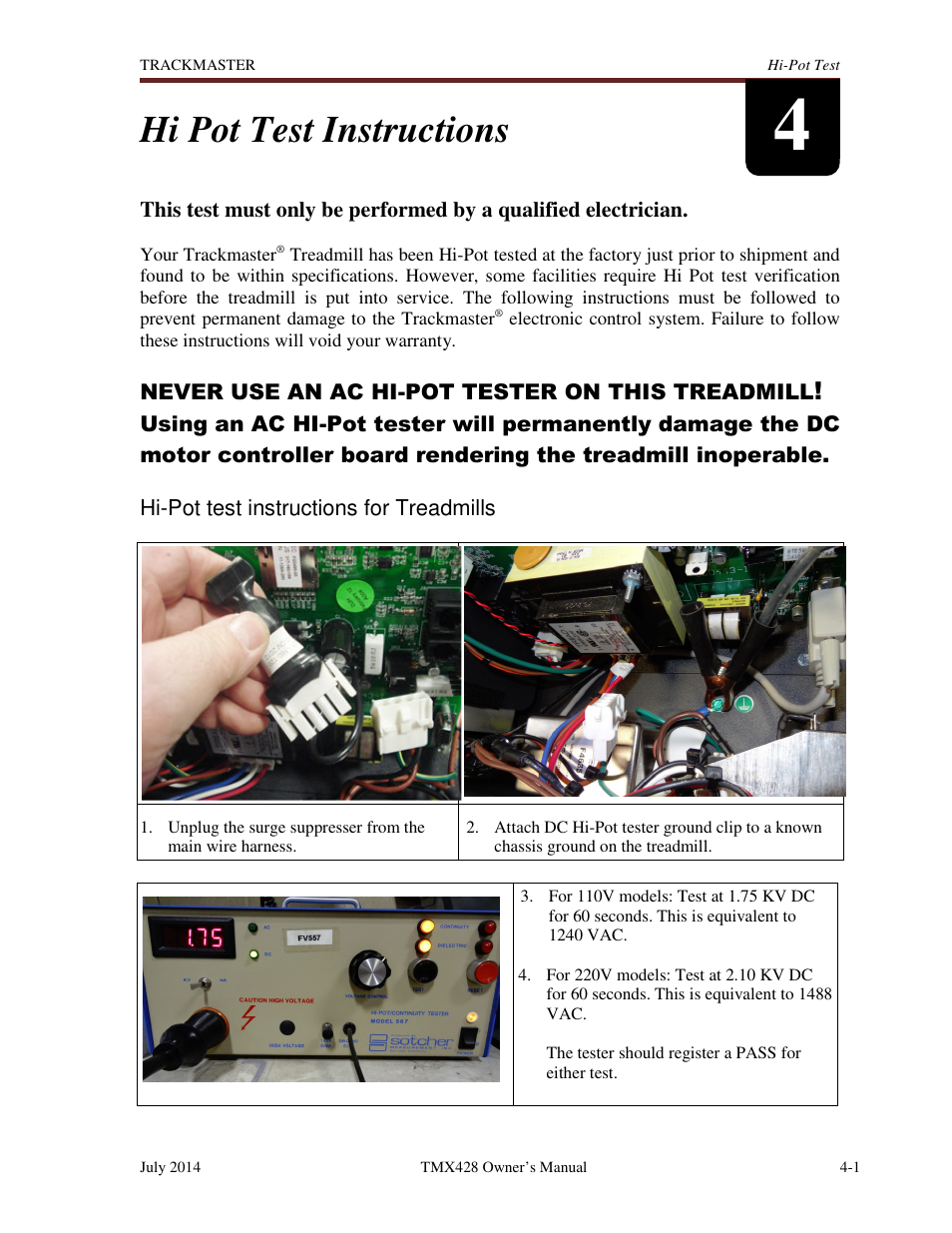 Hi pot test instructions | Welch Allyn TMX428CP Trackmaster Medical Treadmill - User Manual User Manual | Page 21 / 64