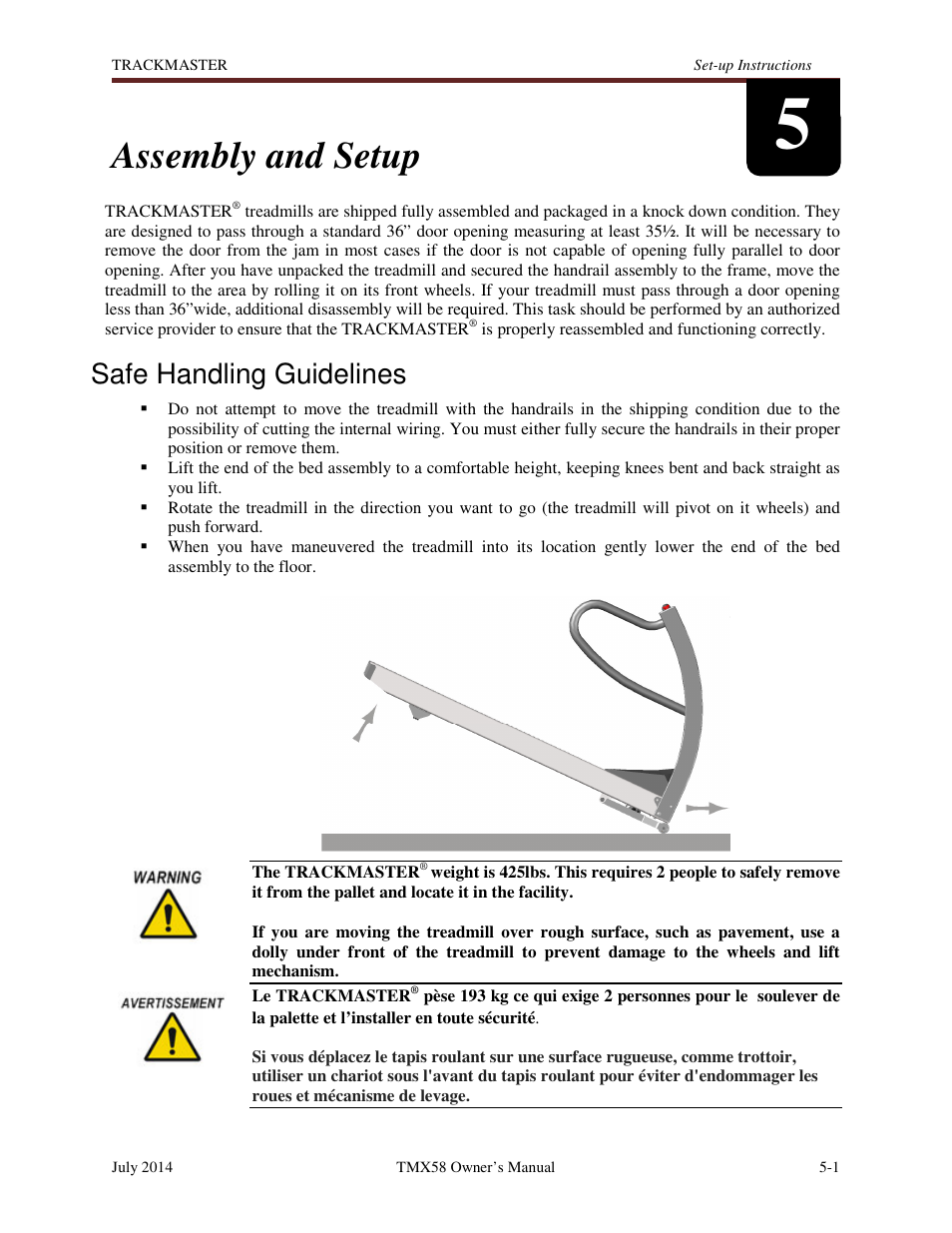 Assembly and setup, Safe handling guidelines | Welch Allyn TMX428CP Trackmaster Medical Treadmill - User Manual User Manual | Page 23 / 64