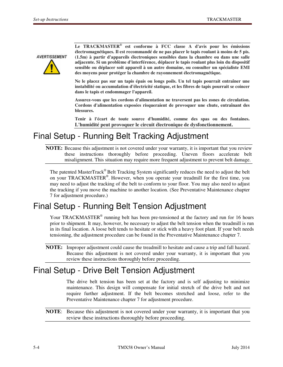 Final setup - running belt tracking adjustment, Final setup - running belt tension adjustment, Final setup - drive belt tension adjustment | Welch Allyn TMX428CP Trackmaster Medical Treadmill - User Manual User Manual | Page 26 / 64