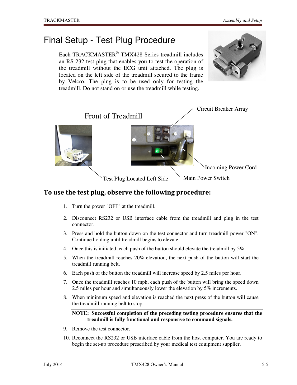 Final setup - test plug procedure, Front of treadmill | Welch Allyn TMX428CP Trackmaster Medical Treadmill - User Manual User Manual | Page 27 / 64