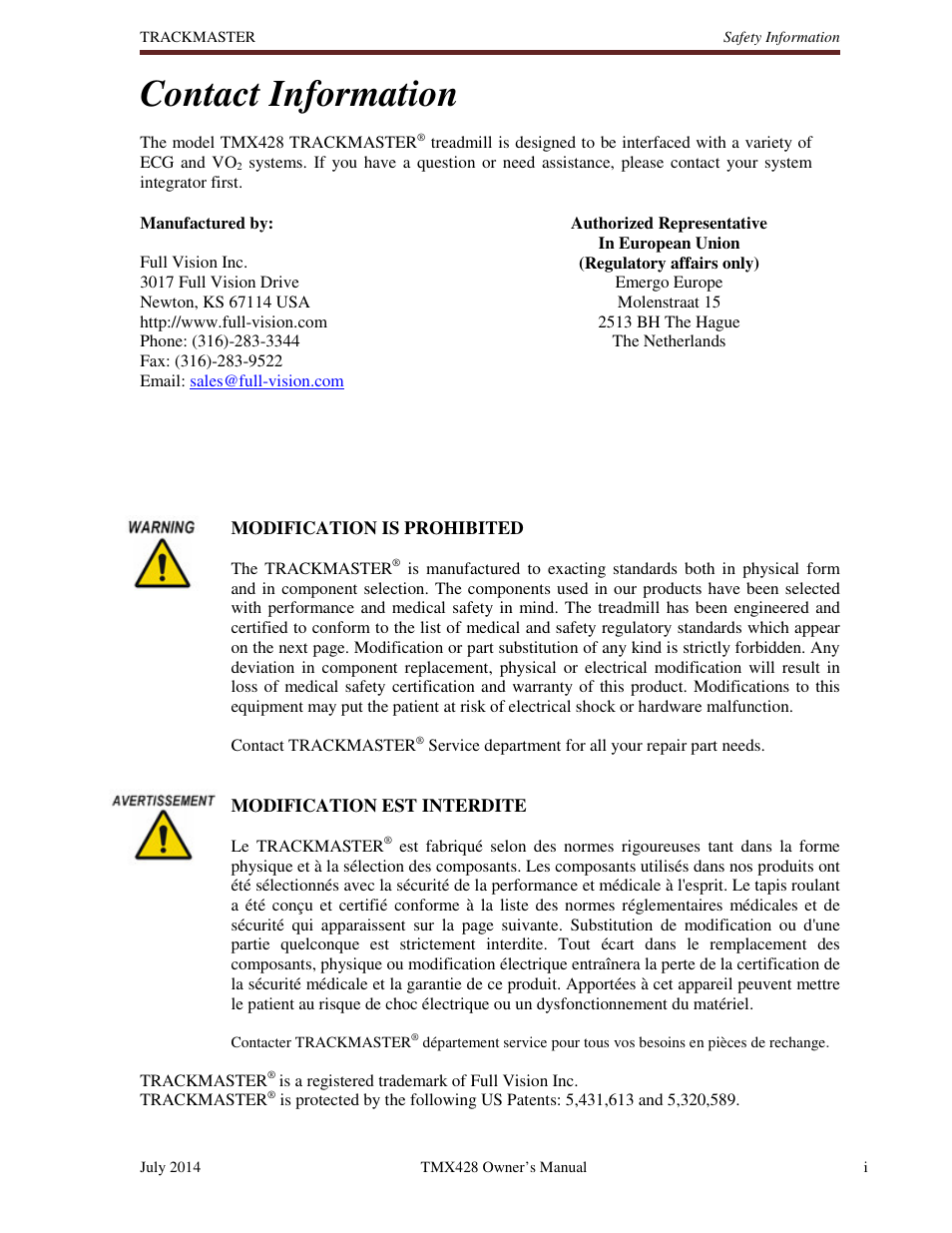 Contact information | Welch Allyn TMX428CP Trackmaster Medical Treadmill - User Manual User Manual | Page 3 / 64