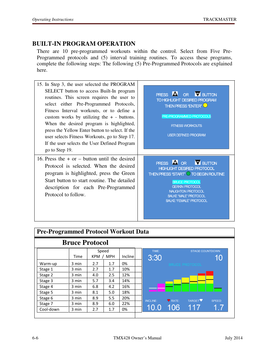 Bruce protocol, Built-in program operation, Pre-programmed protocol workout data | Welch Allyn TMX428CP Trackmaster Medical Treadmill - User Manual User Manual | Page 34 / 64