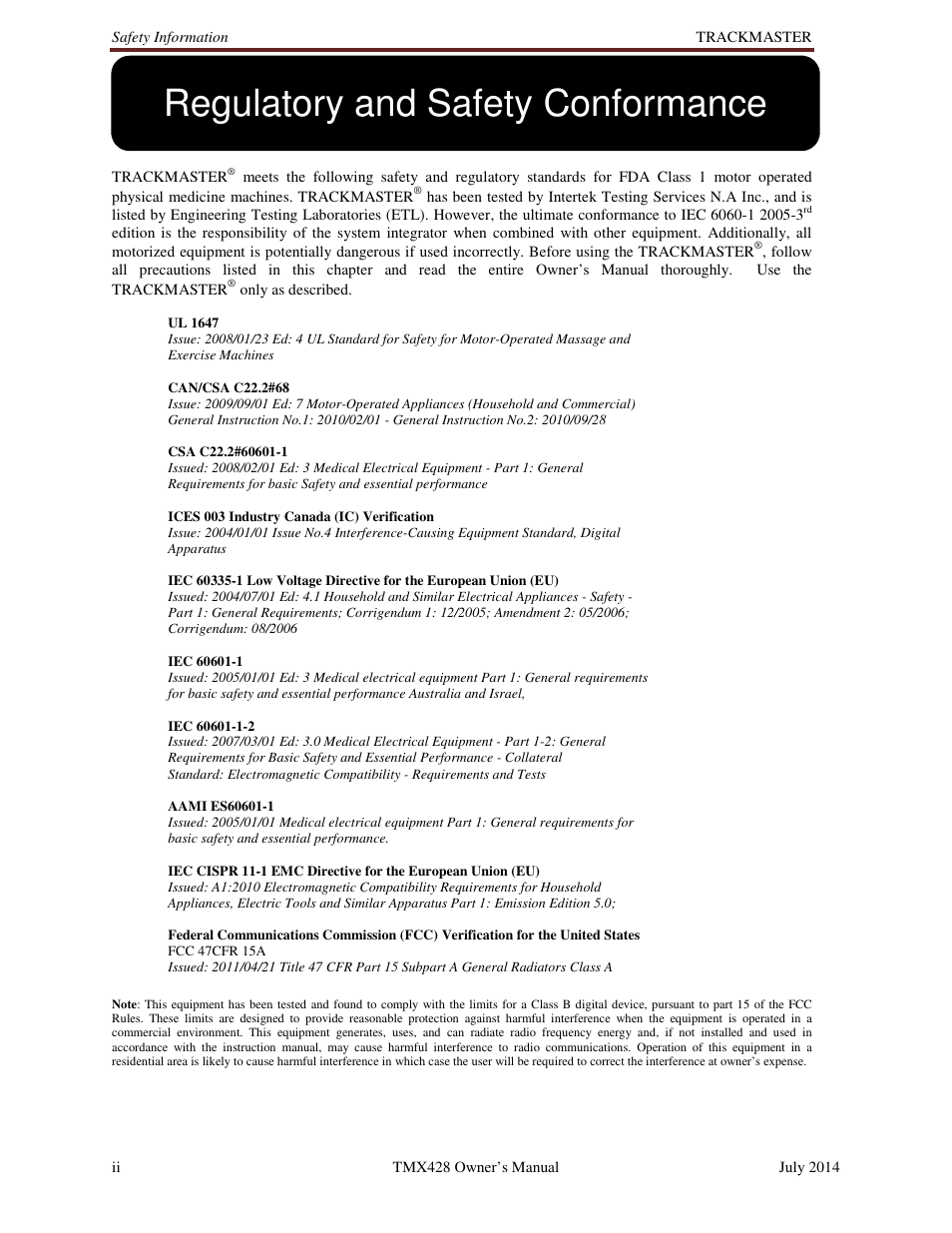 Regulatory and safety conformance | Welch Allyn TMX428CP Trackmaster Medical Treadmill - User Manual User Manual | Page 4 / 64