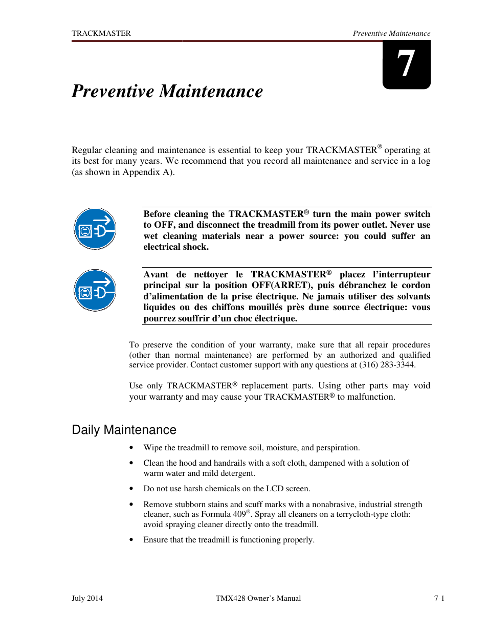 Preventive maintenance, Maintenance, Daily maintenance | Welch Allyn TMX428CP Trackmaster Medical Treadmill - User Manual User Manual | Page 41 / 64