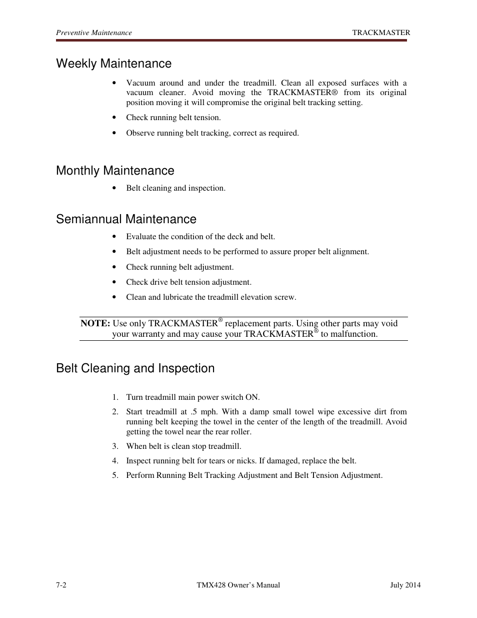 Weekly maintenance, Monthly maintenance, Semiannual maintenance | Belt cleaning and inspection | Welch Allyn TMX428CP Trackmaster Medical Treadmill - User Manual User Manual | Page 42 / 64