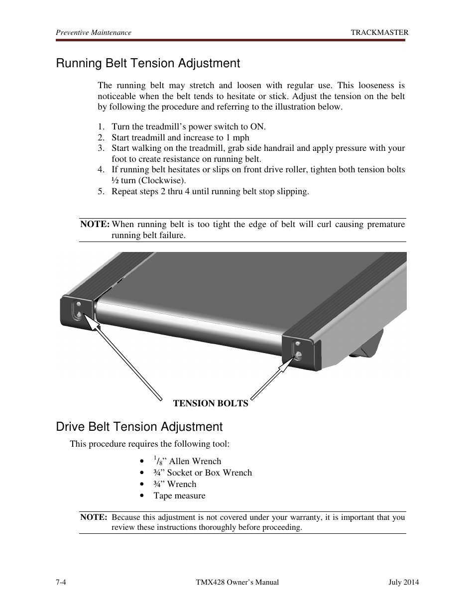 Running belt tension adjustment, Drive belt tension adjustment | Welch Allyn TMX428CP Trackmaster Medical Treadmill - User Manual User Manual | Page 44 / 64