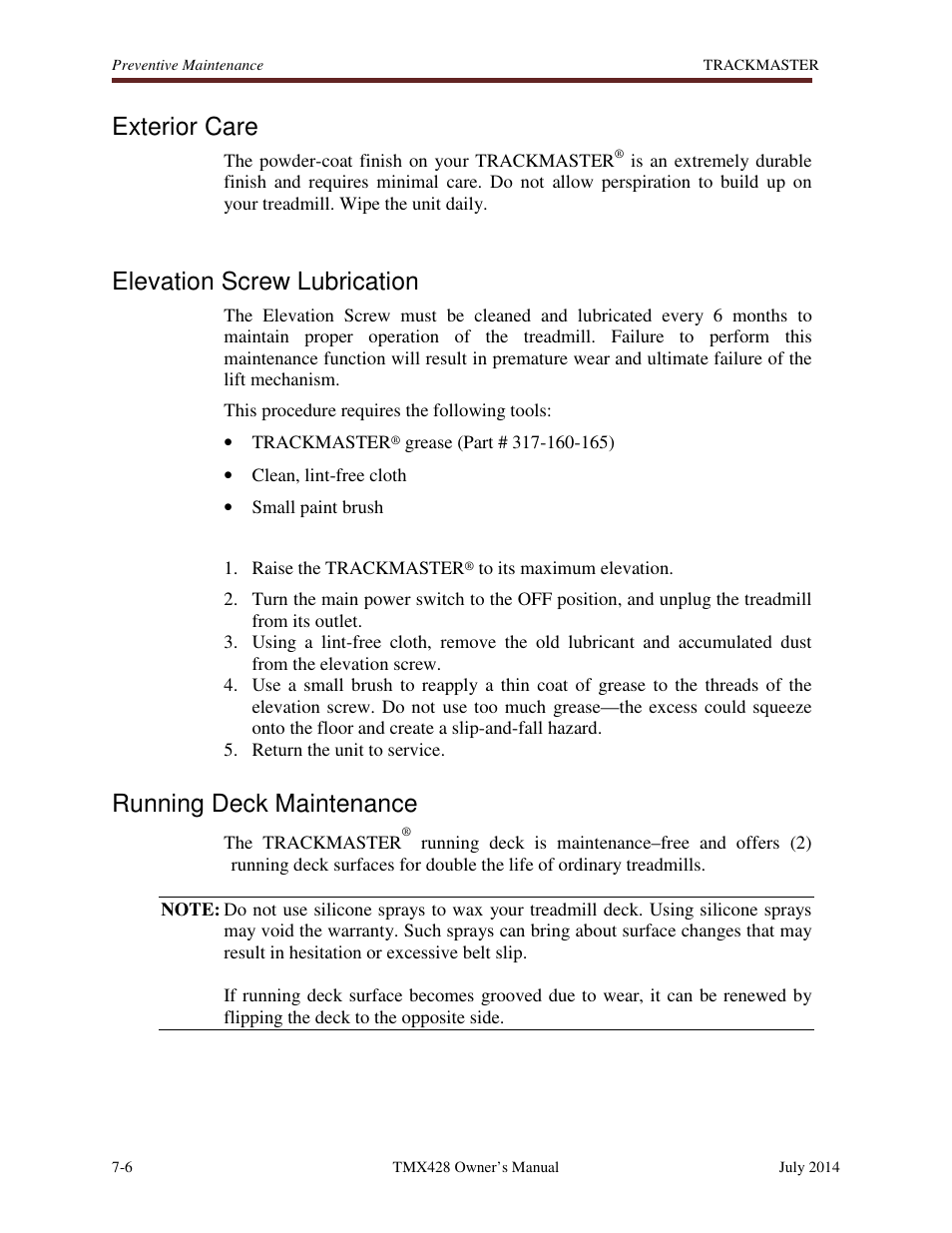 Exterior care, Elevation screw lubrication, Running deck maintenance | Welch Allyn TMX428CP Trackmaster Medical Treadmill - User Manual User Manual | Page 46 / 64