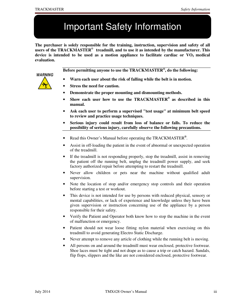 Important safety information | Welch Allyn TMX428CP Trackmaster Medical Treadmill - User Manual User Manual | Page 5 / 64