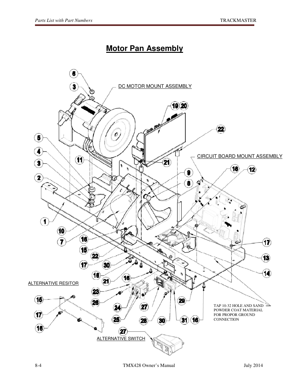 Motor pan assembly | Welch Allyn TMX428CP Trackmaster Medical Treadmill - User Manual User Manual | Page 50 / 64