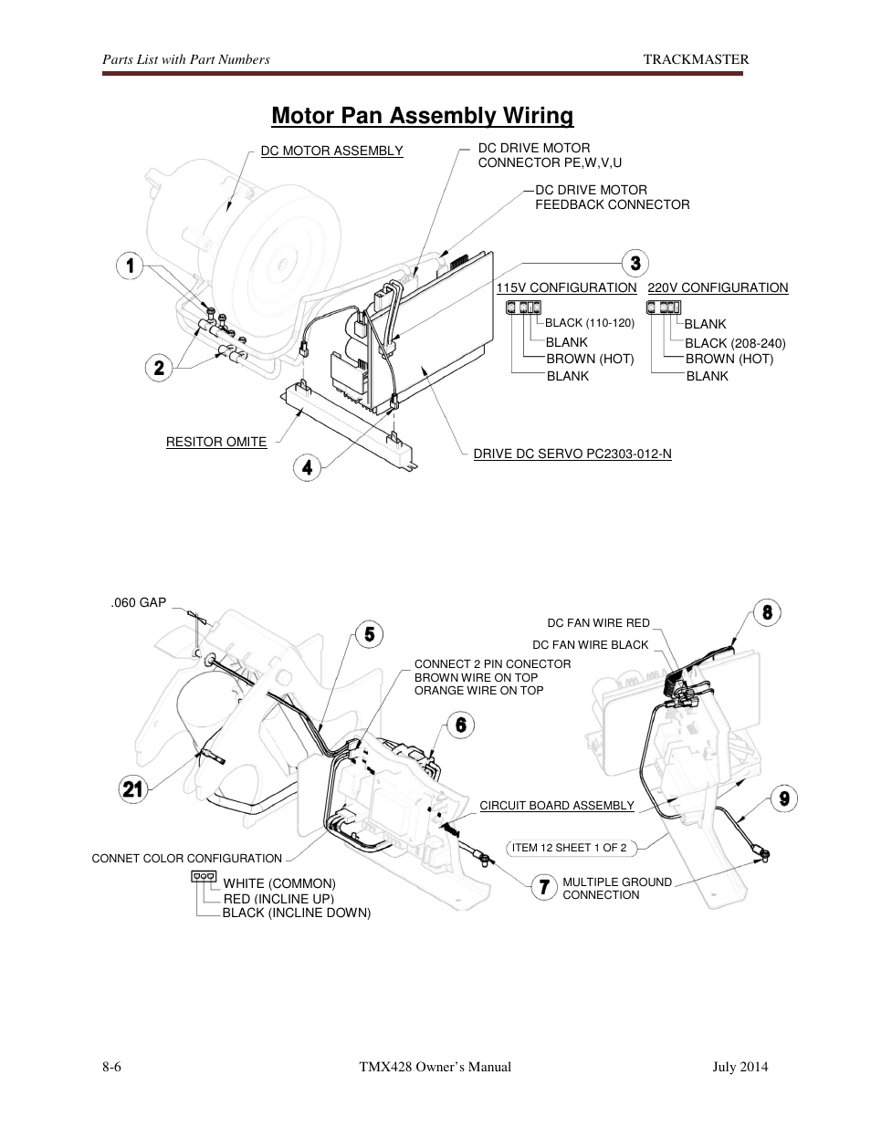 Motor pan assembly wiring | Welch Allyn TMX428CP Trackmaster Medical Treadmill - User Manual User Manual | Page 52 / 64