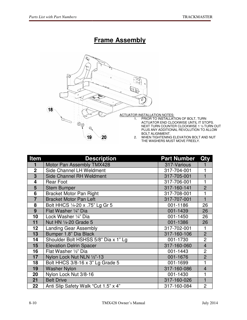 Frame assembly | Welch Allyn TMX428CP Trackmaster Medical Treadmill - User Manual User Manual | Page 56 / 64