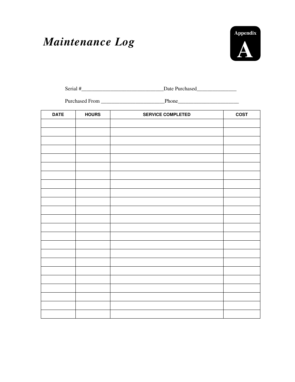Maintenance log | Welch Allyn TMX428CP Trackmaster Medical Treadmill - User Manual User Manual | Page 63 / 64