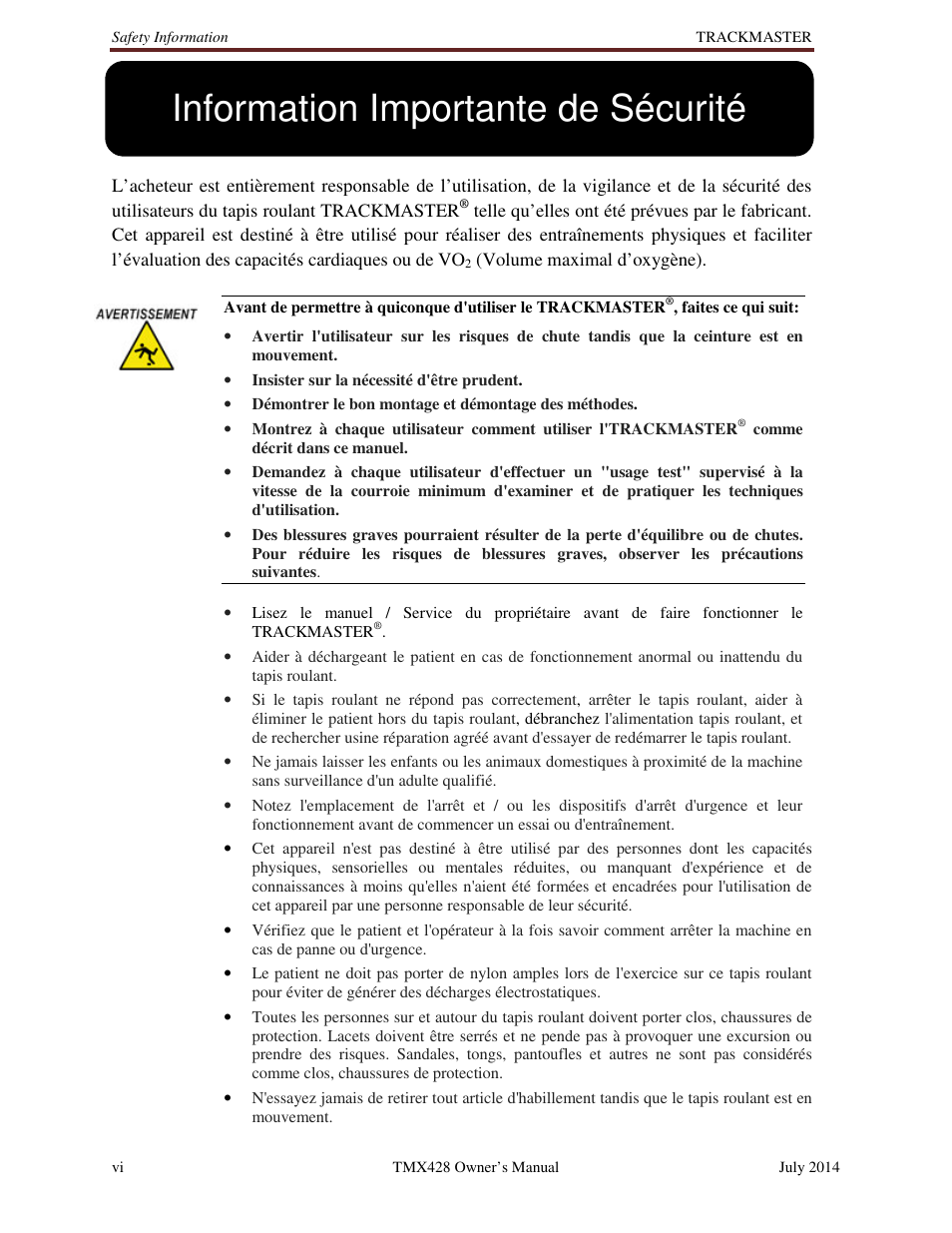 Information importante de sécurité | Welch Allyn TMX428CP Trackmaster Medical Treadmill - User Manual User Manual | Page 8 / 64