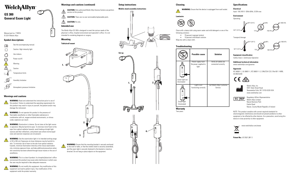 Welch Allyn GS 300 General Exam Light - User Manual User Manual | 1 page