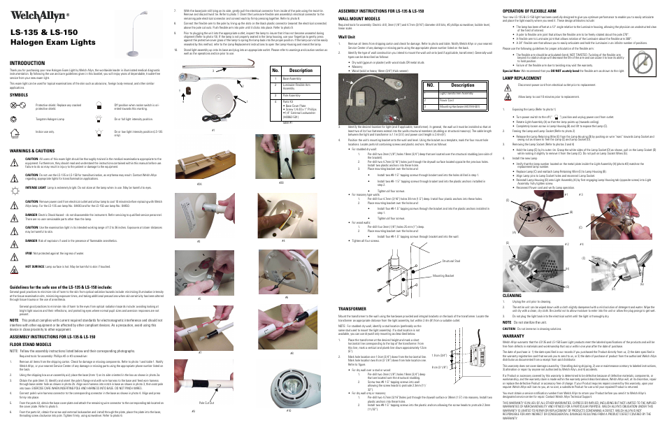 Welch Allyn LS-150 Halogen Exam Lights - User Manual User Manual | 2 pages