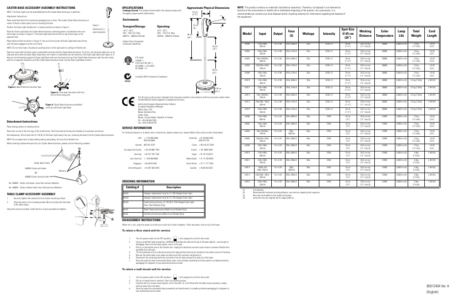 Caster base accessory assembly instructions, Detachment instructions, Table clamp accessory assembly | Specifications approximate physical dimensions, Environment, Transport/storage: operating, Service information, Ordering information, Floor stand models only), Table clamp accessories (wall mount models only) | Welch Allyn LS-150 Halogen Exam Lights - User Manual User Manual | Page 2 / 2