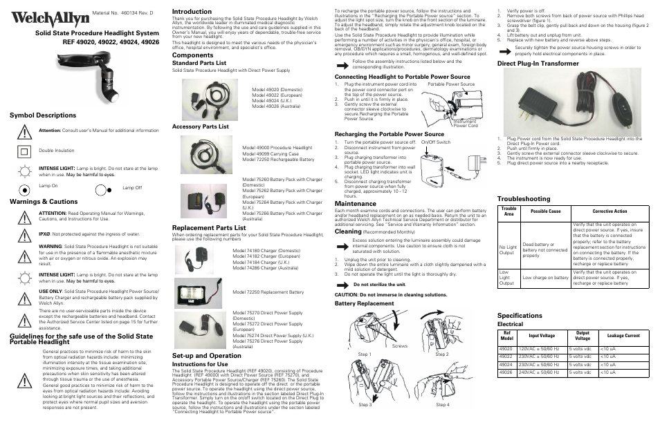 Welch Allyn 49026 Solid State Procedure Headlight System - User Manual User Manual | 2 pages