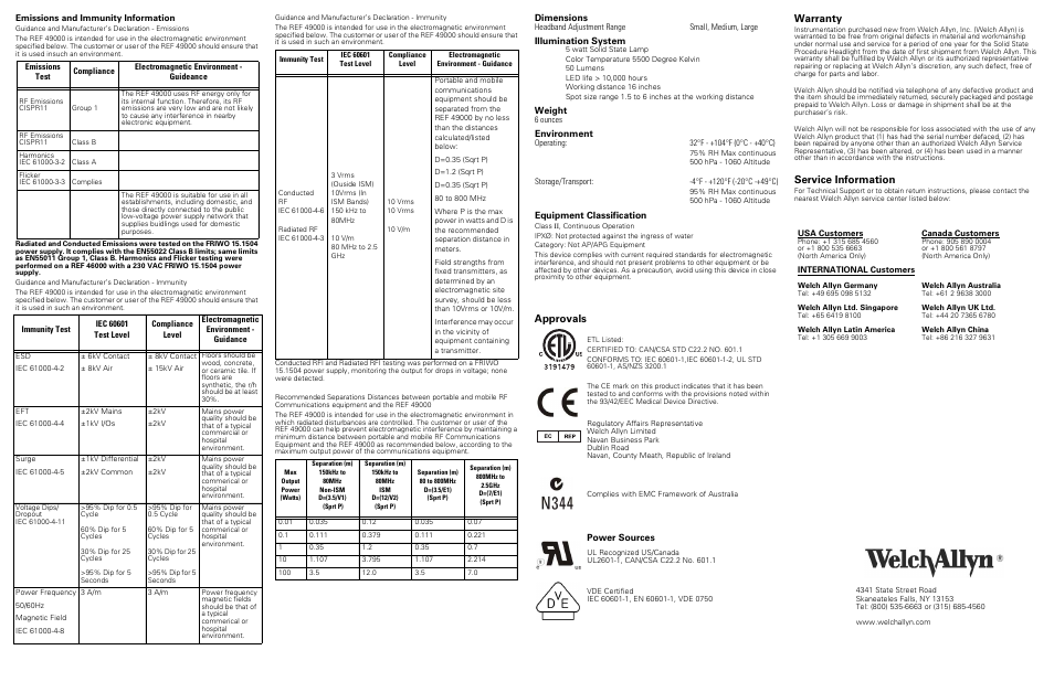 Approvals, Warranty, Service information | Welch Allyn 49026 Solid State Procedure Headlight System - User Manual User Manual | Page 2 / 2