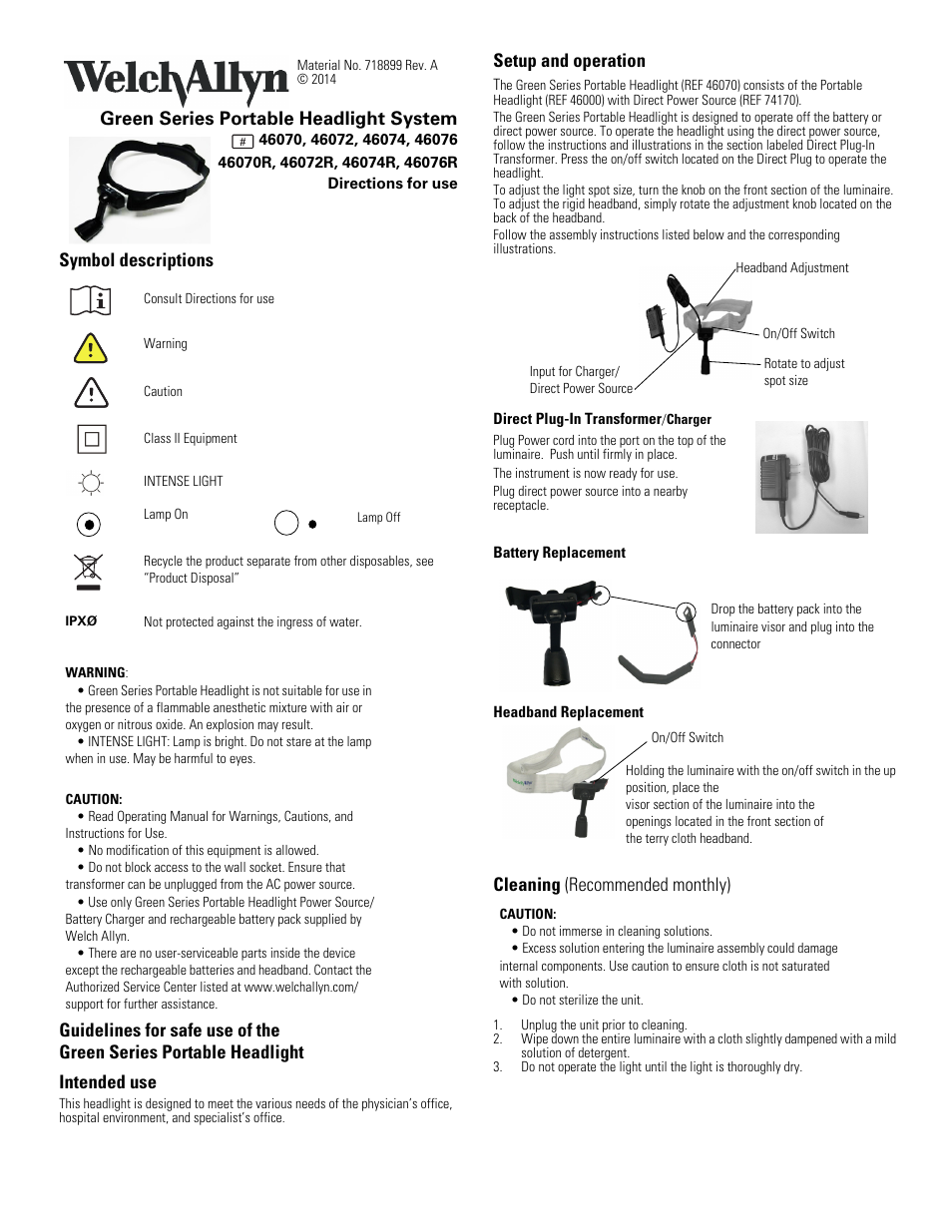 Welch Allyn 4607x Green Series Portable Headlight System - User Manual User Manual | 2 pages