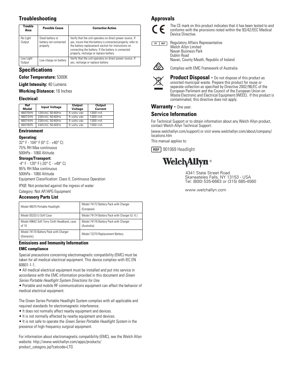 Troubleshooting specifications, Approvals, Product disposal | Warranty, Service information | Welch Allyn 4607x Green Series Portable Headlight System - User Manual User Manual | Page 2 / 2