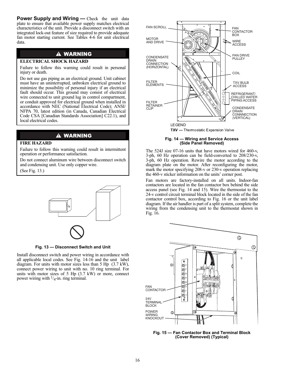 Power supply and wiring, In. ring terminal | Bryant Air Handling Units 524J User Manual | Page 16 / 36