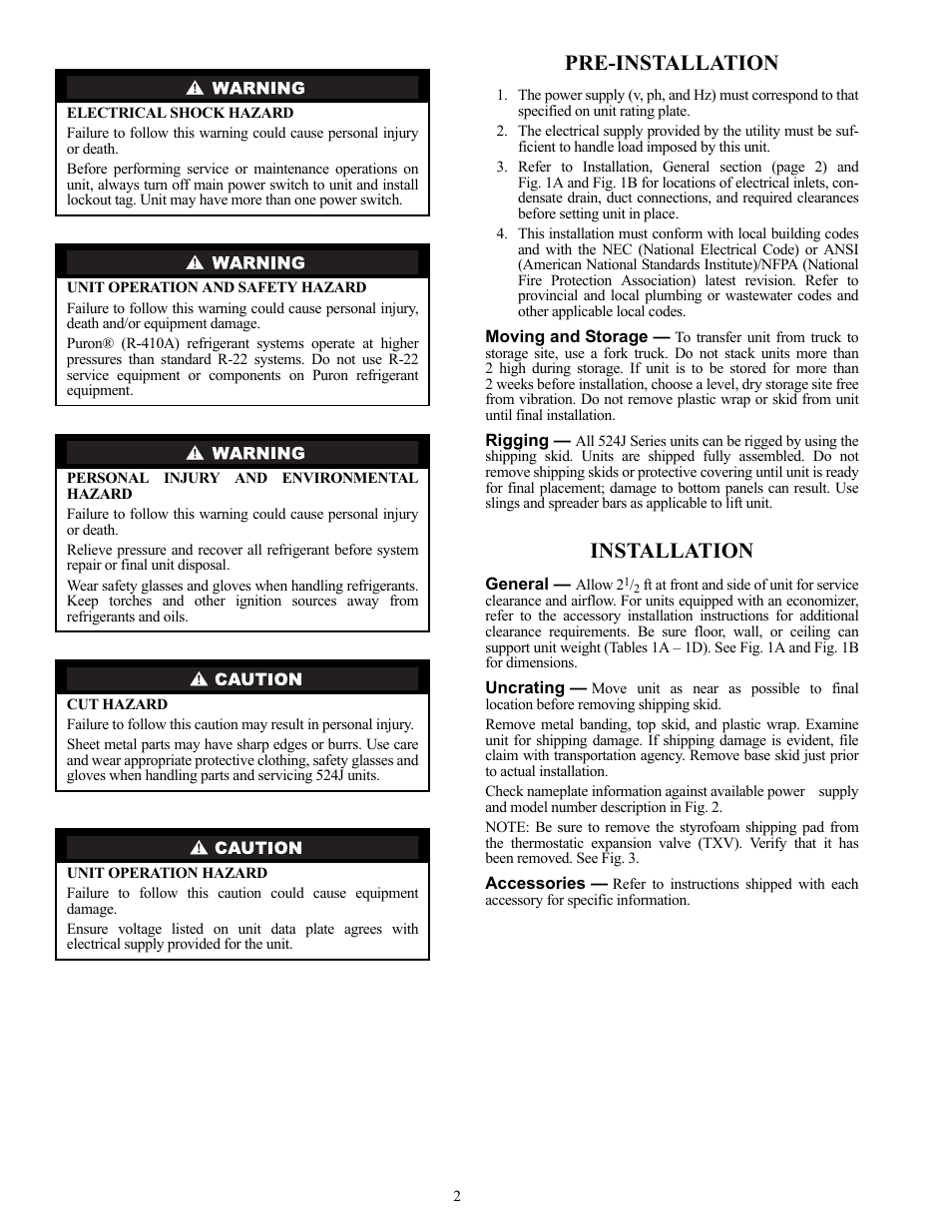 Pre-installation, Installation | Bryant Air Handling Units 524J User Manual | Page 2 / 36