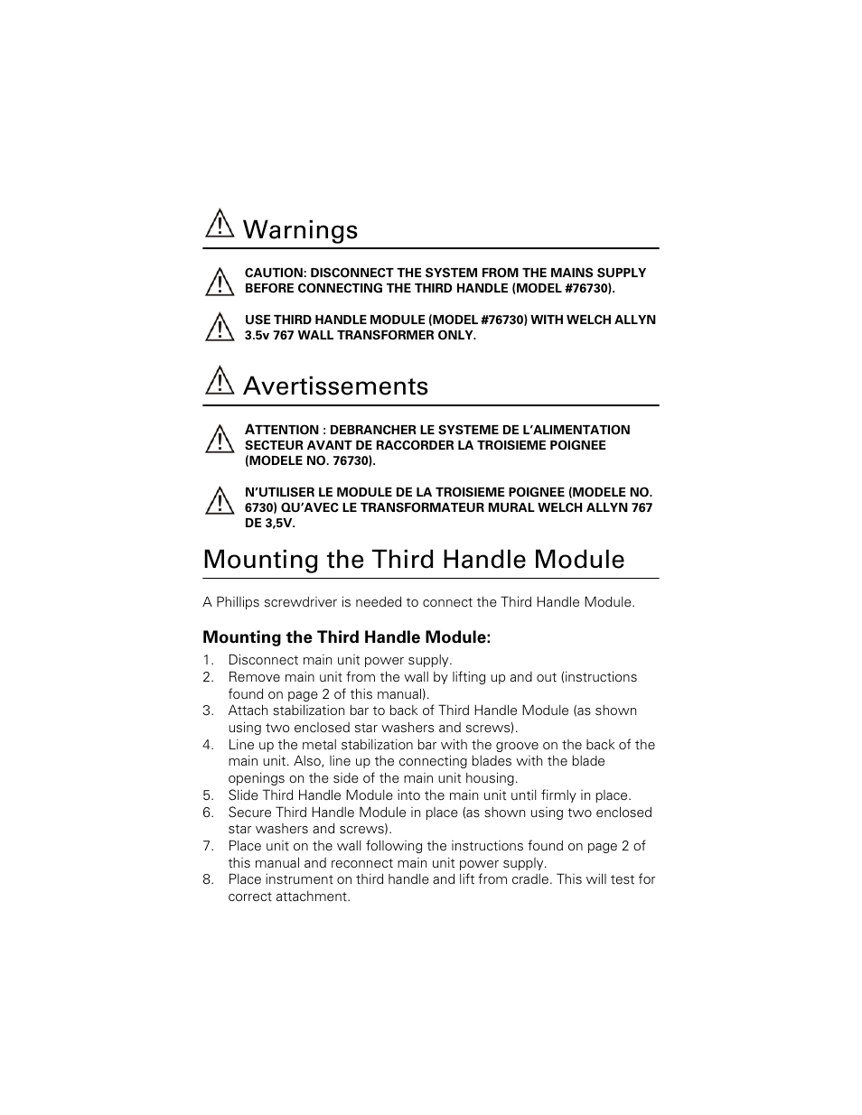 Warnings, Avertissements, Mounting the third handle module | Welch Allyn 767 3.5v Wall Transformer Third Handle Module - User Manual User Manual | Page 3 / 4